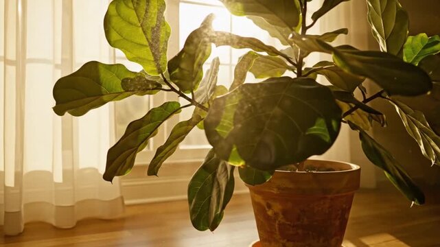 Fiddle Leaf Fig Plant in a Pot with Sunlight Shining Through a Window.