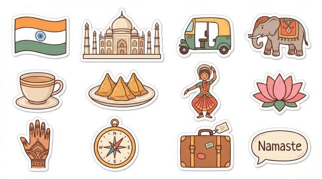 minimal india sticker set featuring national flag landmarks traditional food and cultural icons cartoon style