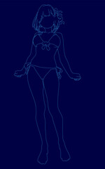 A determined woman in a bikini stands against a dark blue background with her arms outstretched. Her hair is in a bun and she is rendered in a clean line art style.