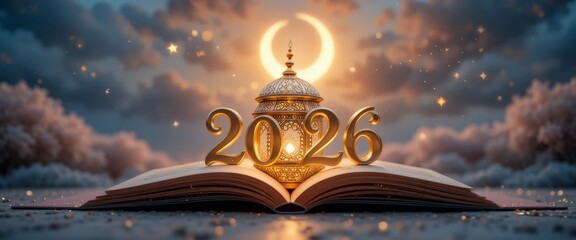 A festive ramadan kareem 1447, 2026. illustration featuring golden lanterns and a crescent moon against a dark blue night background, perfect for greeting cards and decorations