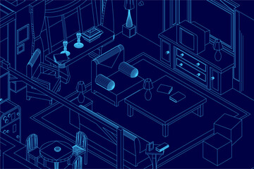 A cozy apartment living room blueprint with furniture contours, including a sofa, chairs, lamps, and a television. The layout creates a warm and inviting atmosphere for relaxation.