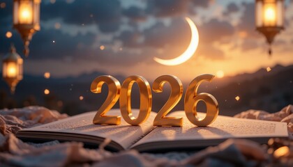 A festive ramadan kareem 1447, 2026. illustration featuring golden lanterns and a crescent moon against a dark blue night background, perfect for greeting cards and decorations