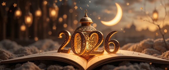 A festive ramadan kareem 1447, 2026. illustration featuring golden lanterns and a crescent moon against a dark blue night background, perfect for greeting cards and decorations