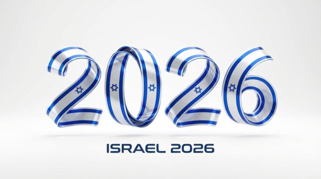 glossy israel 2026 made of 3d glossy ribbon numbers with waving flag pattern on bright white background modern 3d holiday number artwork perfect for new year posters cards and social media templates