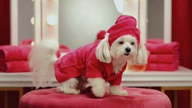 Cute Maltese dog in a pink bathrobe and towel turban at a beauty spa. Adorable puppy sitting on a velvet stool in a vanity room. Pet grooming and pampering concept