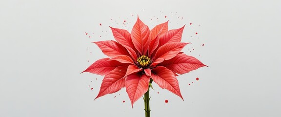 Bright red poinsettia flower with detailed petals and green leaves isolated on white background