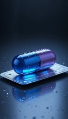 shot presents blue pill capsule-shaped medications encased in a clear blister pack, resting atop a textured metallic blue base in dark background