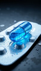 shot presents blue pill capsule-shaped medications encased in a clear blister pack, resting atop a textured metallic blue base in dark background