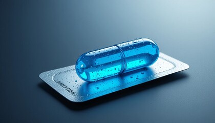 shot presents blue pill capsule-shaped medications encased in a clear blister pack, resting atop a textured metallic blue base in dark background