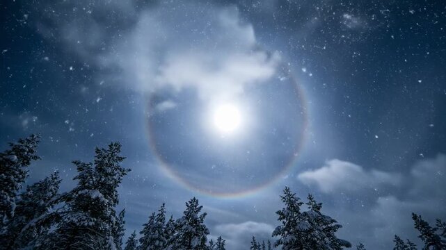 Time lapse of a bright full moon with a lunar halo in a winter night sky. Snow covered pine trees silhouette against the blue atmosphere with falling snow. Atmospheric weather phenomenon