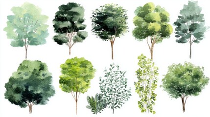 Fototapeta premium Watercolor illustrations of diverse tree species with green foliage and natural shapes for botanical, landscape, and artistic design projects