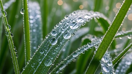 Macro close-up of fresh morning dew drops glistening on green grass blades in a spring meadow