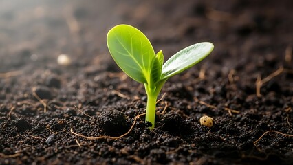 Young green seedling sprouting from the soil, representing new life and growth in nature