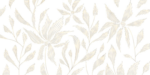 Naklejka premium Luxury botanical vector background with golden palm leaves, floral line art, elegant tropical pattern, modern Art Deco design. Summer wallpaper, spa card, wedding template.