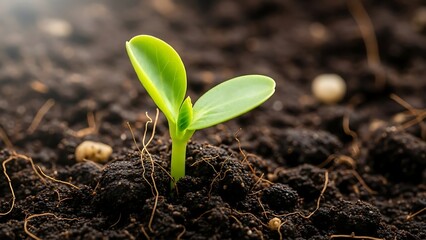 Young green seedling sprouting from the soil, representing new life and growth in nature