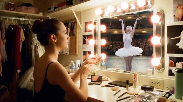 Ballerina looking into a vanity mirror reflecting a stage performance. Young dancer sitting backstage visualizing herself dancing in front of an audience. Dreaming and success concept