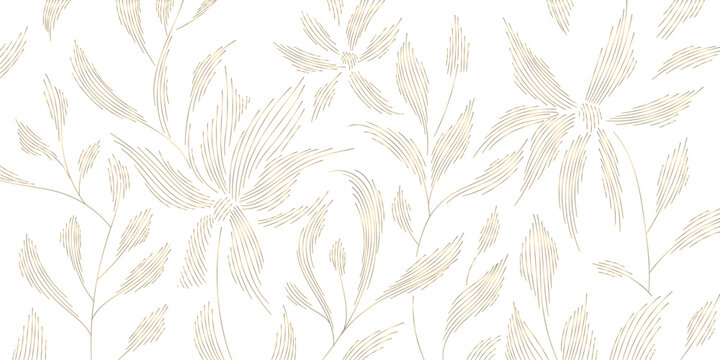 Luxury botanical vector background with golden palm leaves, floral line art, elegant tropical pattern, modern Art Deco design. Summer wallpaper, spa card, wedding template.