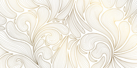 Luxury botanical vector background with golden palm leaves, floral line art, elegant tropical pattern, modern Art Deco design. Summer wallpaper, spa card, wedding template.