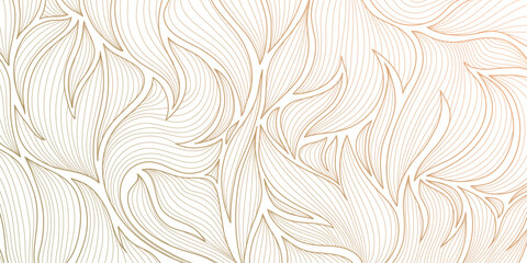 Luxury botanical vector background with golden palm leaves, floral line art, elegant tropical pattern, modern Art Deco design. Summer wallpaper, spa card, wedding template.