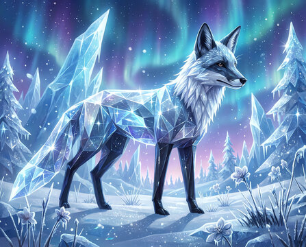Fuchs in einer Eislandschaft mit Polarlichtern