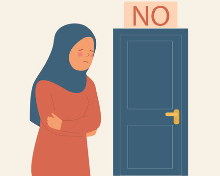 Muslim woman wearing a hijab stands sadly beside a closed door with a &ldquo;No&rdquo; sign, symbolizing rejection, discrimination, exclusion, and denial. social and professional barriers. Vector illustration
