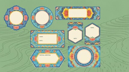 Fototapeta premium label sheet template dances with vibrant rangoli blooms on a soft green paddy canvas
