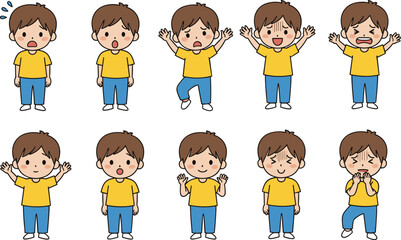 Cartoon child emotion set showing ten expressive poses and feelings, ideal for educational, psychological, and character design themes.