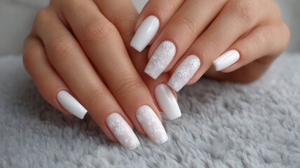 Woman's elegant hands with white coffin nails featuring delicate snowflake winter holiday art, perfect manicure