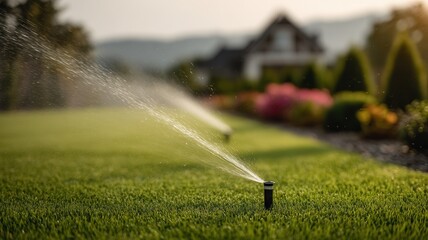 Automatic lawn sprinkler system distributing fresh water across green turf, maintaining a garden home at vibrant