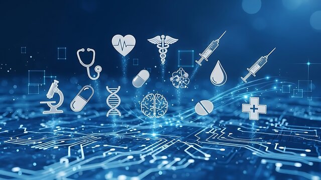 Abstract blue background with flowing circles and numbers, representing a global digital connection concept for business and technology illustration - Powered by Adobe