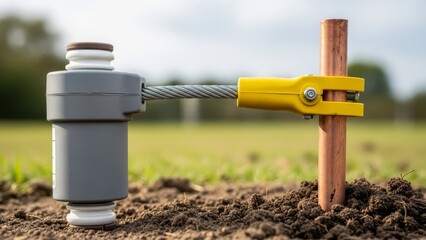 A gray device connects via wire to a yellow clamp secured to a copper rod in soil outdoors against a blurred green field