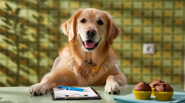A cheerful golden retriever sitting at a table with a clipboard and cupcakes, set against a retro patterned wall