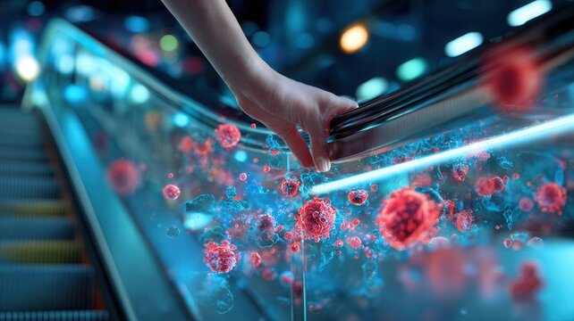 Hand touching escalator handrail spreading virus and bacteria, representing contagion risk transport in public