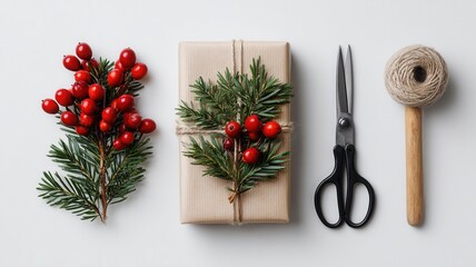 Christmas gift wrapping essentials with evergreen branches, red berries, scissors, background and twine on white