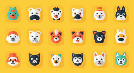 Collection of Diverse Dog Faces in Flat Design Style.
