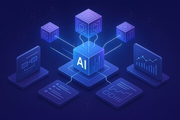 Isometric 3D AI workflow automation hub, floating blockchain nodes connected by luminous data lines, clean dashboard panels with perfect spacing, blue–purple gradient glow, crypto coin icons integrate