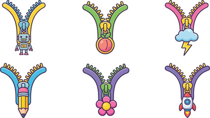 Colorful cartoon zippers collection for design projects