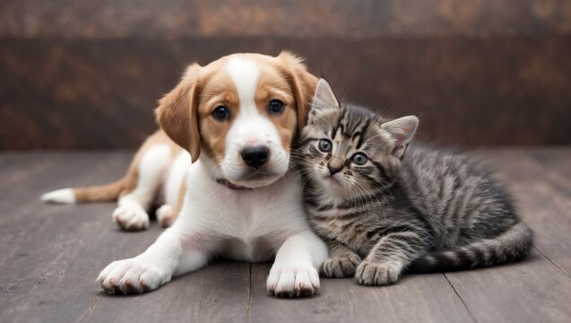 Adorable puppy and kitten cuddling on a fluffy blanket, radiating warmth and love