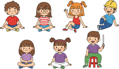 Cartoon Children Sitting in Various Poses – Diverse Kids with Colorful Outfits for Educational, Illustrative, and Design Use