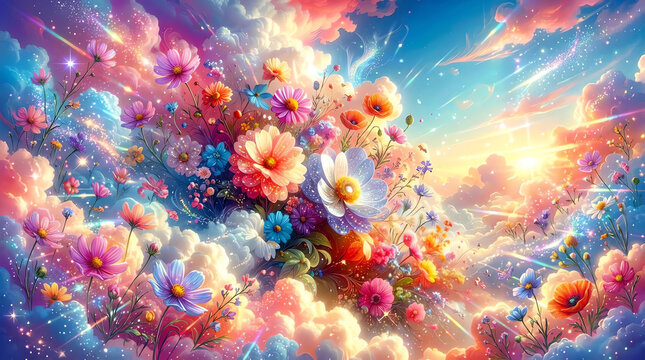 bunte Blumen mit Glitzer auf Wolken im Himmel