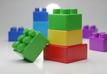 Colorful building blocks stacked and arranged on a bright surface for creative play