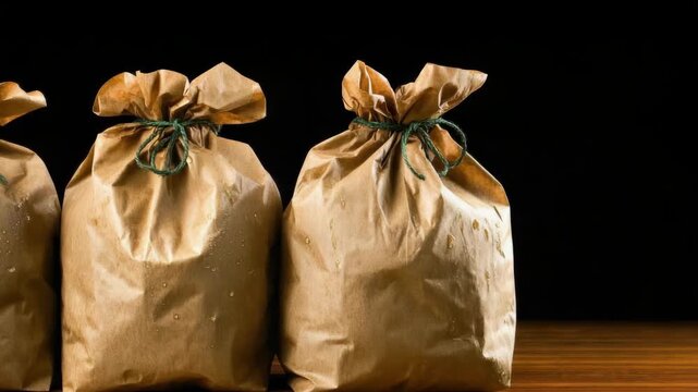 Brown paper bag packed lunch tied twine food parcel wooden table takeaway packaging rustic moist