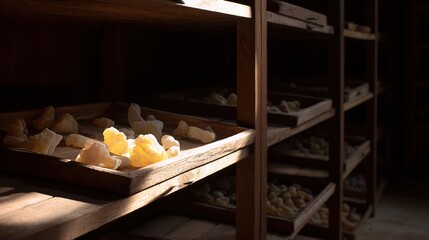 frankincense. Frankincense resin pieces arranged on wooden shelves in spice shop. menu design, packaging mockups, designed for culinary blogs and recipe cards for restaurants.