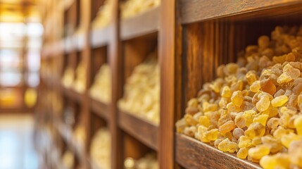 frankincense. Frankincense resin pieces arranged on wooden shelves in spice shop. menu design, packaging mockups, designed for culinary blogs and recipe cards for restaurants.