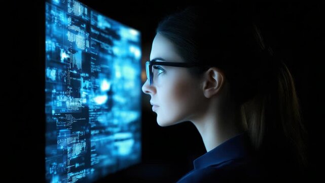 Young woman with glasses studying glowing code monitor focused programming developer coding session