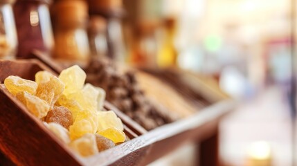 frankincense. Frankincense resin pieces arranged on wooden shelves in spice shop. menu design, packaging mockups, designed for culinary blogs and recipe cards for restaurants.