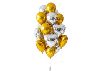 a buoyant cluster of brilliant metallic gold and highly reflective silver mylar heart and spherical balloons with ribbons trailing, floating on a white studio background, luxurious celebration concept