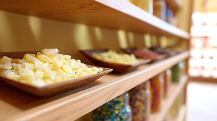 frankincense. Frankincense resin pieces arranged on wooden shelves in spice shop. menu design, packaging mockups, designed for culinary blogs and recipe cards for restaurants.