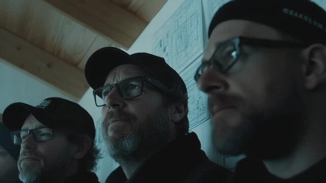 Man wearing cap and glasses with beard looking thoughtful in dim moody indoor industrial interior