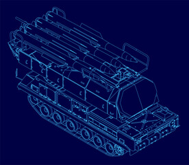 Detailed blueprint of a military tank with visible tracks and turret, featuring a rocket launcher contour against a stark blue background. Isometric view